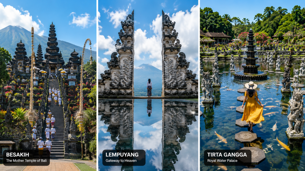 Jelajahi situs-situs tersuci di Bali dalam sehari, Gerbang Surga Lempuyang yang terkenal, Pura Besakih sang Pura Induk yang megah, dan taman air kerajaan Tirta Gangga.