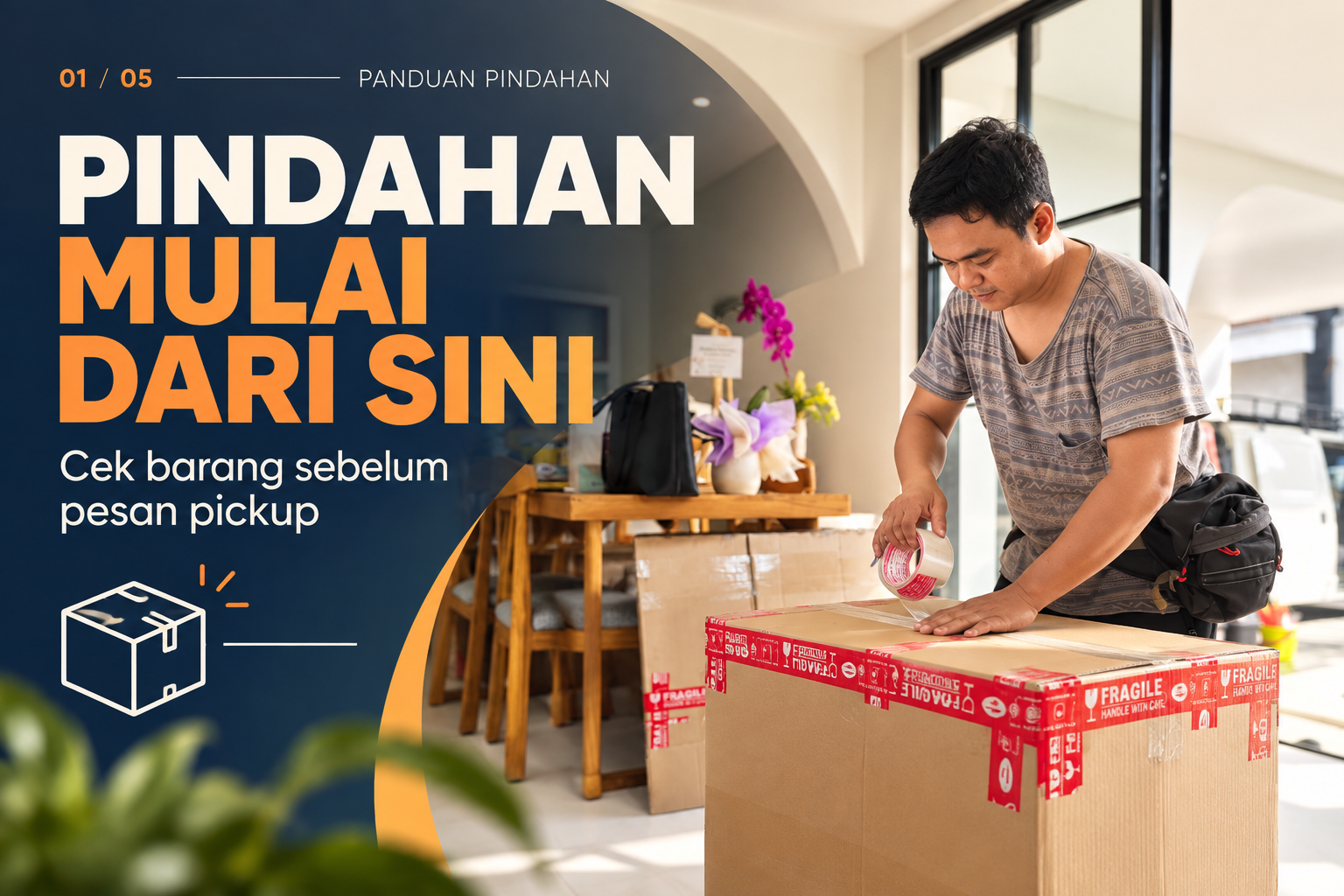 Ilustrasi panduan pindahan: Pindahan mulai dari sini: catat barang dan akses