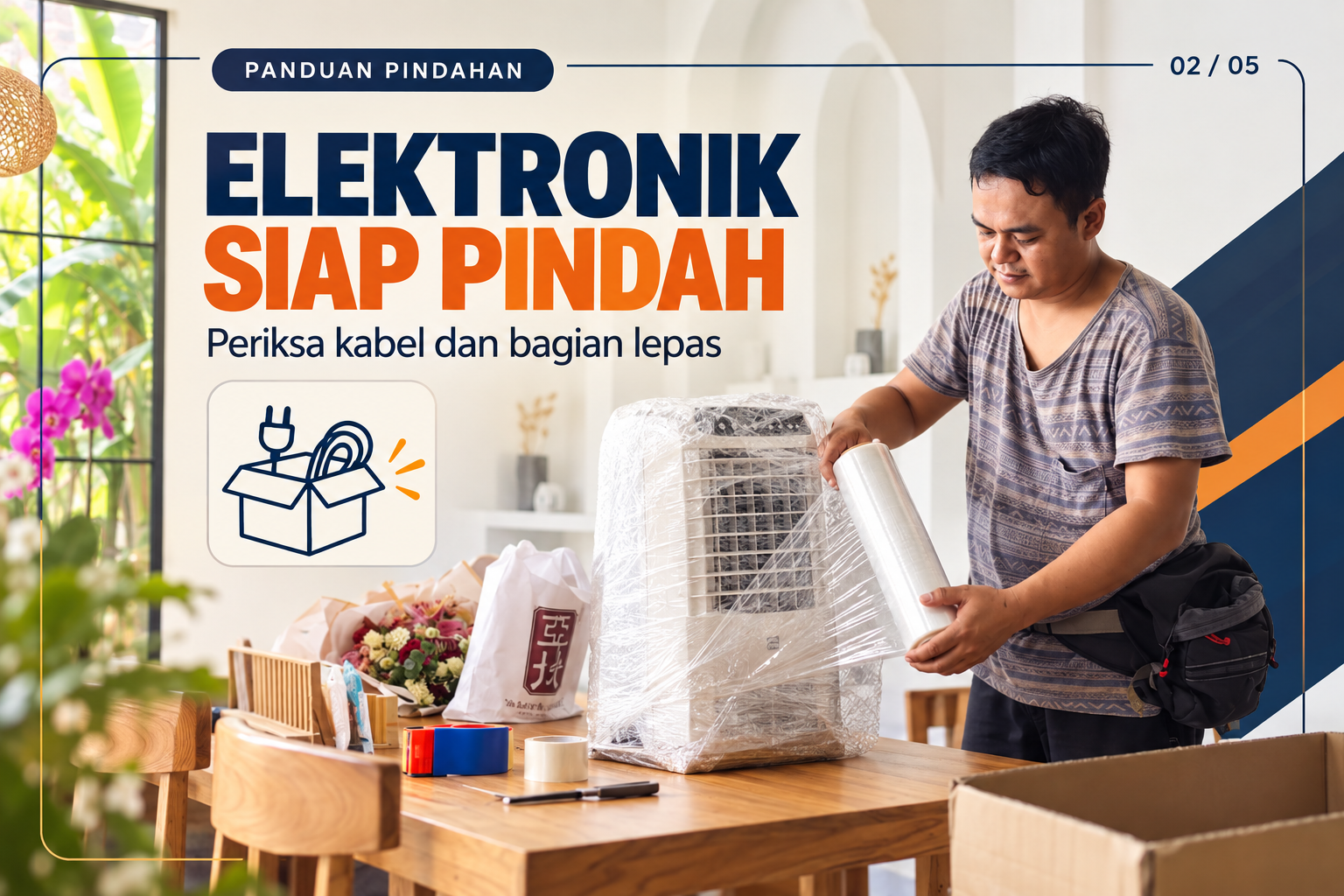 Ilustrasi panduan pindahan: Elektronik siap pindah: periksa kabel dan bagian lepas