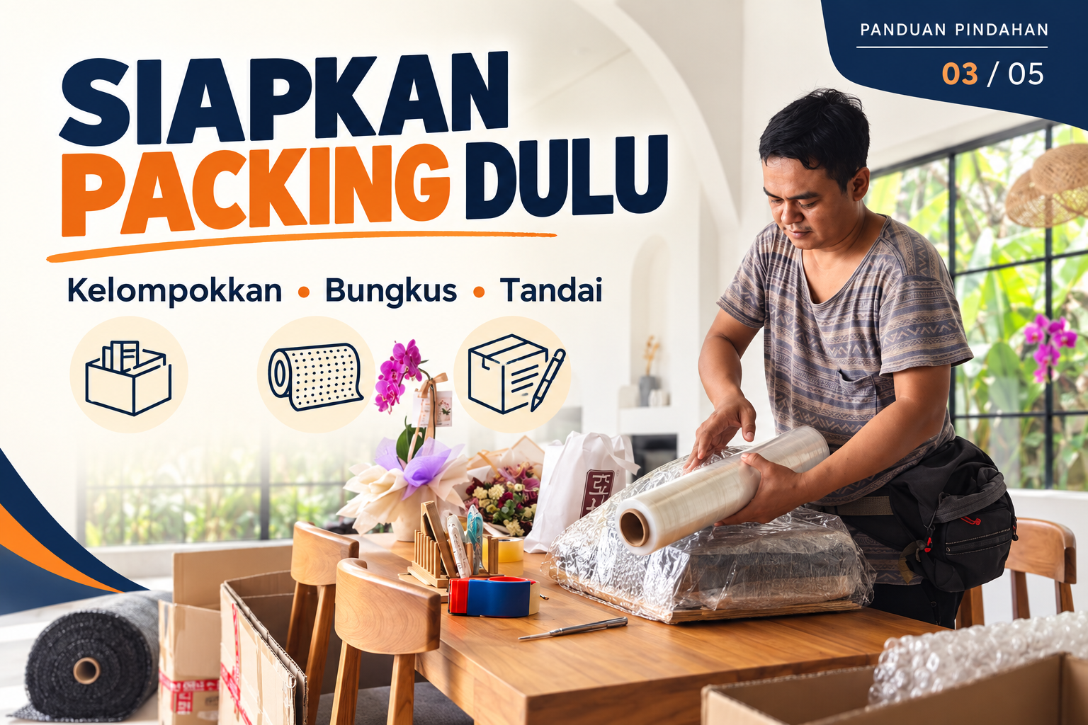 Ilustrasi panduan pindahan: Siapkan perlengkapan packing terlebih dahulu