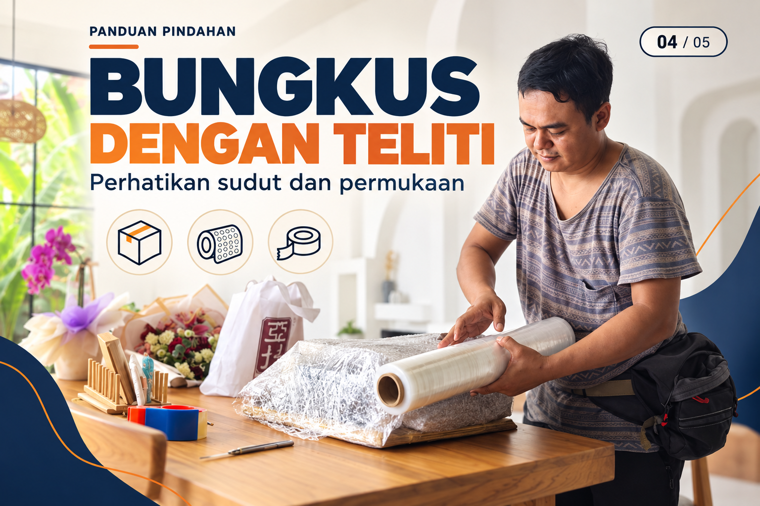 Ilustrasi panduan pindahan: Bungkus dengan teliti: sudut dan permukaan
