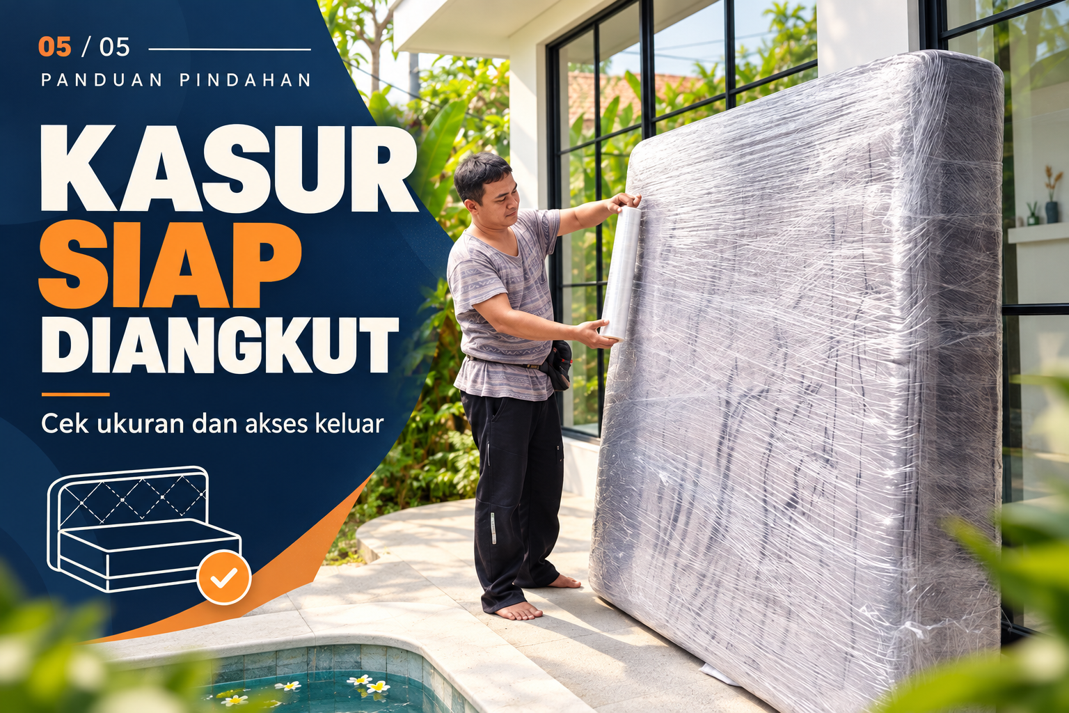 Ilustrasi panduan pindahan: Kasur siap diangkut: cek ukuran dan jalur keluar